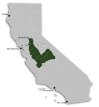 Mapa de California que muestra las principales ciudades, con el Valle Central resaltado en verde