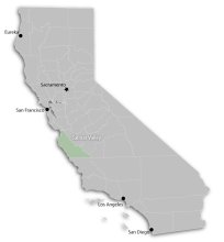 Mapa de California que muestra las principales ciudades, con el valle de Salinas resaltado en verde