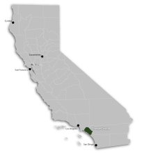 Map of California showing major cities, with Orange County shown in green highlight