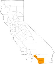 Map of California with Orange and San Diego Counties colored orange