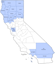 Map of California with four geographic regions shaded blue: Alameda/Contra Costa Counties, Los Angeles County, Northern Counties, and Riverside/San Bernardino Counties
