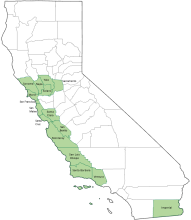 Map of California with three geographic regions shaded green: North Bay, San Francisco/Central Coast, and Southern Counties