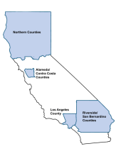 Map of California with four geographic regions shaded blue: Alameda/Contra Costa Counties, Los Angeles County, Northern Counties, and Riverside/San Bernardino Counties