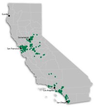 Map of California showing major cities, with areas of sample collection in green highlight