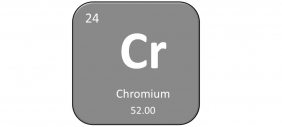 Periodic table entry for chromium that includes the atomic number, abbreviation and mass