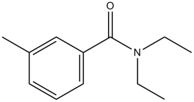 Black and white chemical structure for N,N-Diethyl-3-methylbenzamide (DEET)