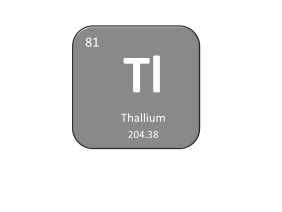 Periodic table entry for thallium that includes the atomic number, abbreviation and mass