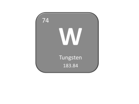 Periodic table entry for tungsten that includes the atomic number, abbreviation and mass