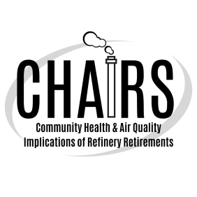 CHAIRS logo with a smoke stack and the words Community Health & Air Quality Implications of Refinery Retirements