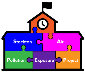 A jigsaw puzzle of a school with the words Stockton Air Pollution Exposure Project